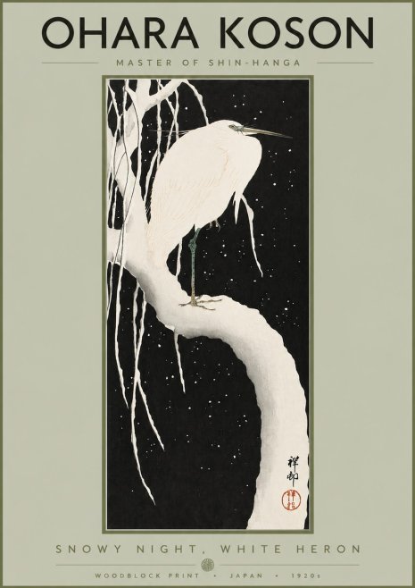 Ohara Koson Snowy Night, White Heron No2 - Poster