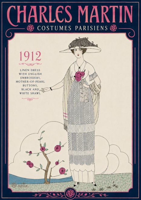 Charles Martin Linen Dress with English Embroidery, Mother-of-pearl Buttons, Black and White Shawl No5 - Poster