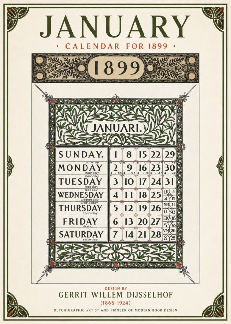 Gerrit Willem Dijsselhof January. Calendar for 1899. No1 - Poster