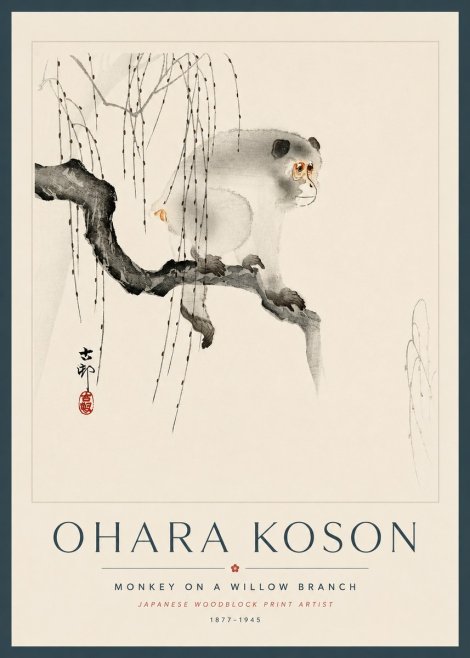 Ohara Koson Monkey on a Willow Branch No5 - Poster