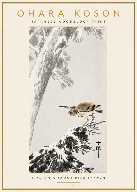 Ohara Koson Bird on a Snowy Pine Branch No3 - Poster
