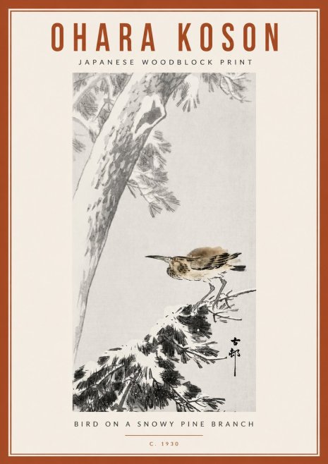 Ohara Koson Bird on a Snowy Pine Branch No6 - Poster