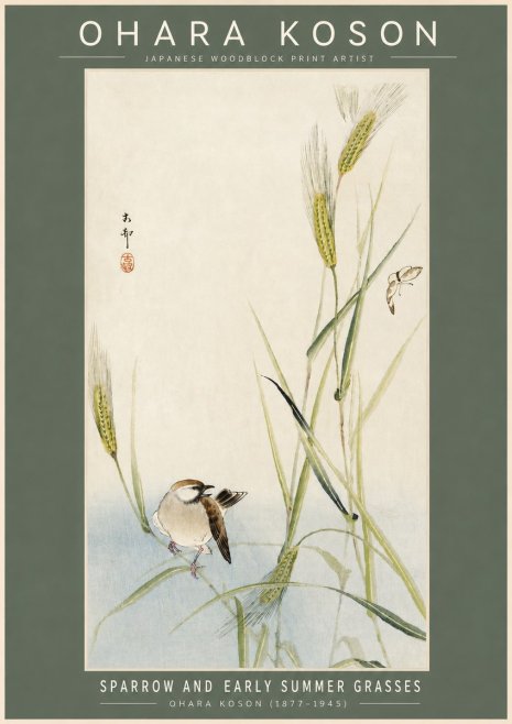Ohara Koson Sparrow and Early Summer Grasses No2 - Poster