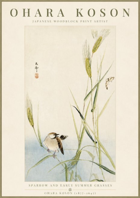 Ohara Koson Sparrow and Early Summer Grasses No5 - Poster