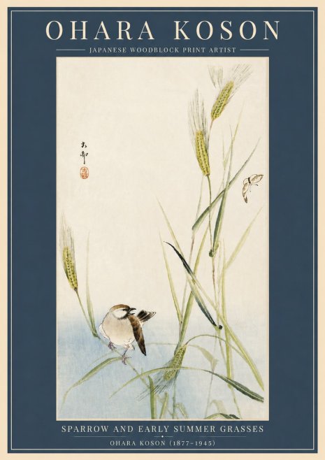 Ohara Koson Sparrow and Early Summer Grasses No6 - Poster