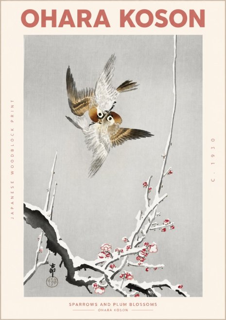 Ohara Koson Sparrows and Plum Blossoms No2 - Poster