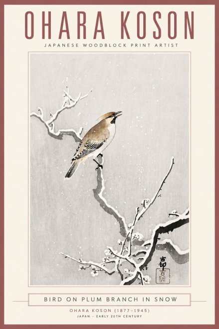 Ohara Koson Bird on Plum Branch in Snow No4 - Poster