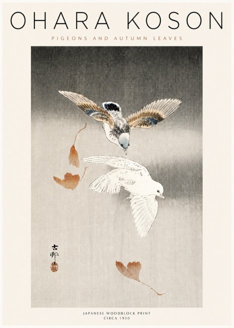 Ohara Koson Pigeons and Autumn Leaves No3 - Poster
