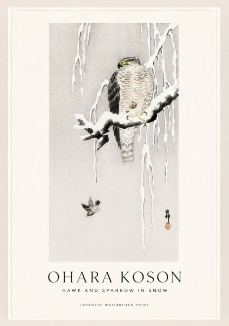 Ohara Koson Hawk and Sparrow in Snow No1 - Poster