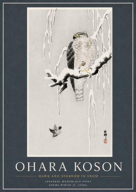 Ohara Koson Hawk and Sparrow in Snow No3 - Poster