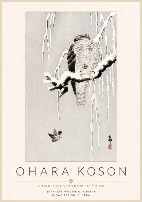 Ohara Koson Hawk and Sparrow in Snow No4 - Poster