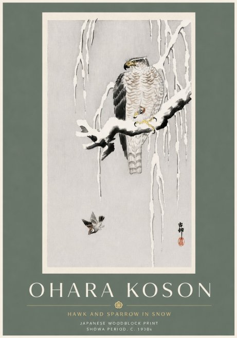 Ohara Koson Hawk and Sparrow in Snow No6 - Poster