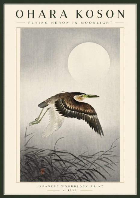 Ohara Koson Flying Heron in Moonlight No5 - Poster