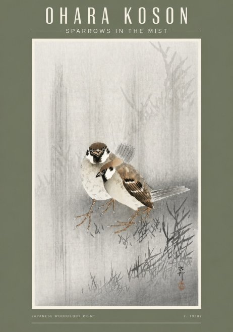 Ohara Koson Sparrows in the Mist No4 - Poster