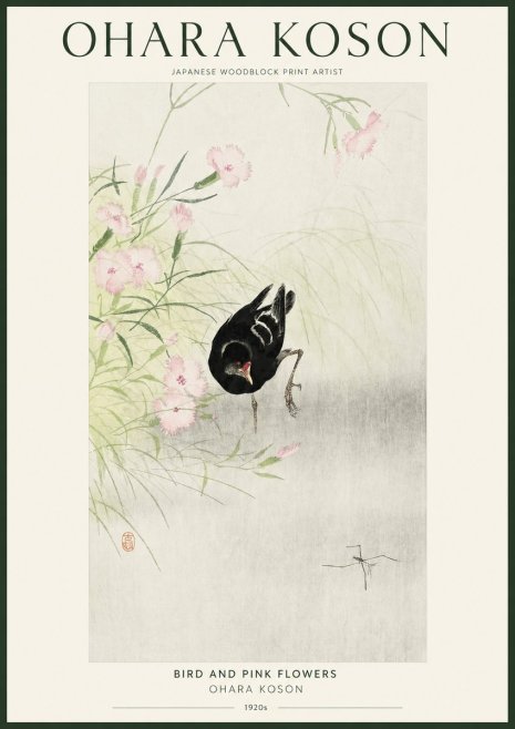 Ohara Koson Bird and Pink Flowers No1 - Poster