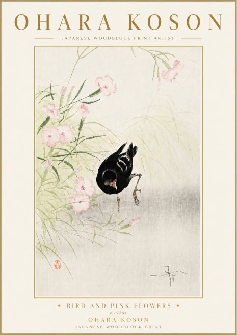 Ohara Koson Bird and Pink Flowers No6 - Poster
