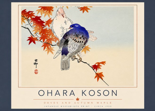 Ohara Koson Doves and Autumn Maple No5 - Poster