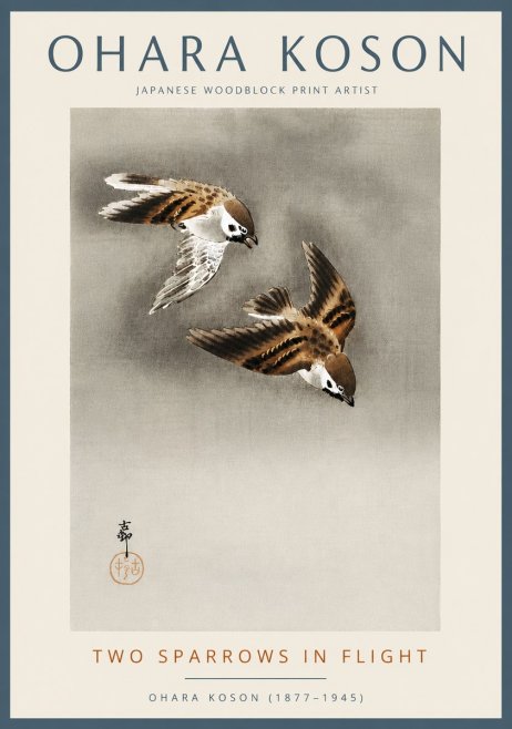 Ohara Koson Two Sparrows in Flight No5 - Poster