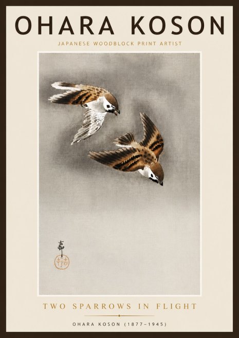 Ohara Koson Two Sparrows in Flight No6 - Poster