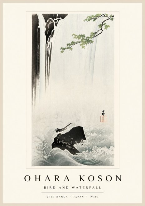 Ohara Koson Bird and Waterfall No1 - Poster