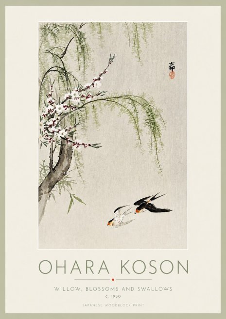 Ohara Koson Willow, Blossoms and Swallows No3 - Poster
