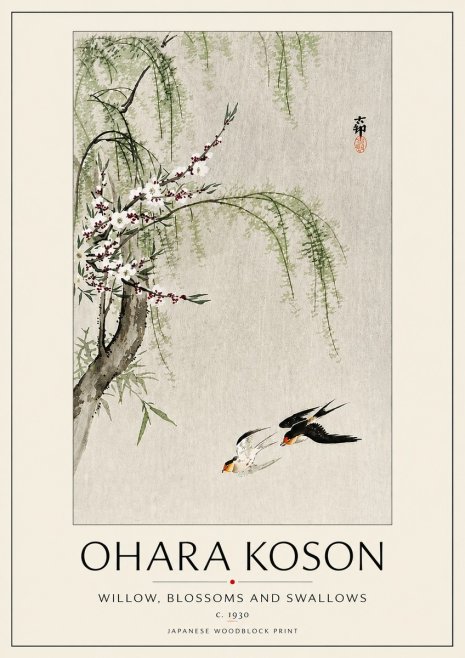 Ohara Koson Willow, Blossoms and Swallows No5 - Poster