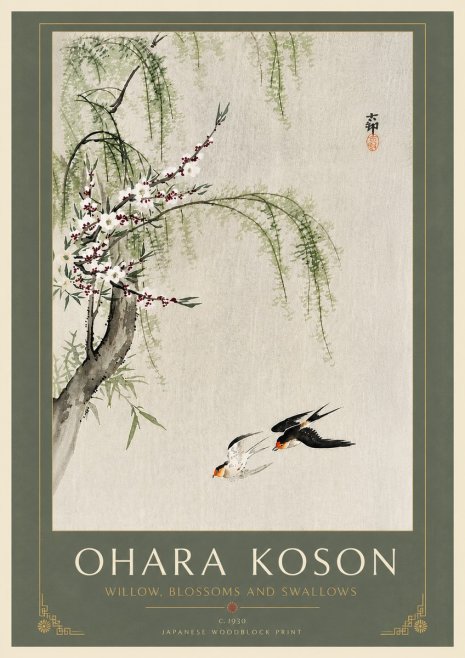 Ohara Koson Willow, Blossoms and Swallows No6 - Poster