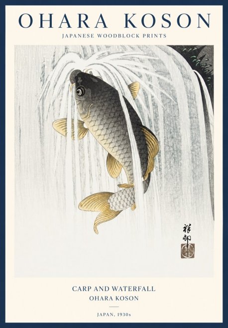 Ohara Koson Carp and Waterfall No1 - Poster