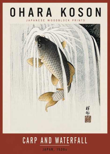Ohara Koson Carp and Waterfall No6 - Poster