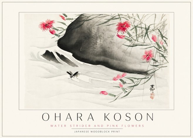 Ohara Koson Water Strider and Pink Flowers No3 - Poster