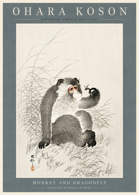 Ohara Koson Monkey and Dragonfly No2 - Poster