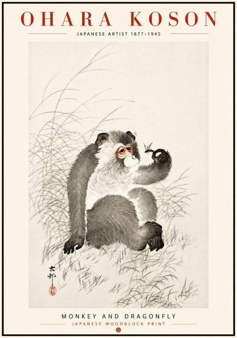 Ohara Koson Monkey and Dragonfly No6 - Poster