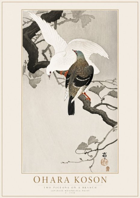 Ohara Koson Two Pigeons on a Branch No4 - Poster