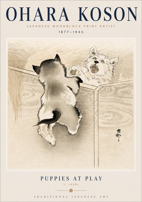 Ohara Koson Puppies at Play No3 - Poster