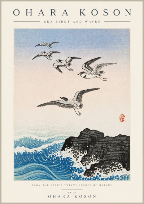 Ohara Koson Sea Birds and Waves No3 - Poster