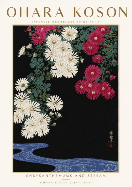 Ohara Koson Chrysanthemums and Stream No3 - Poster