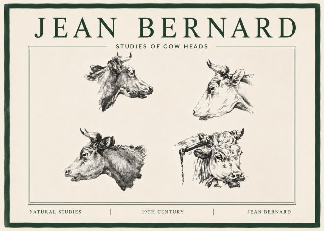 Jean Bernard Studies of Cattle - Four Heads No4 - Poster