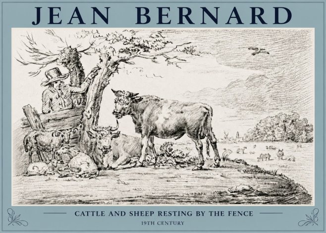 Jean Bernard Cattle and Sheep Resting by the Fence No3 - Poster
