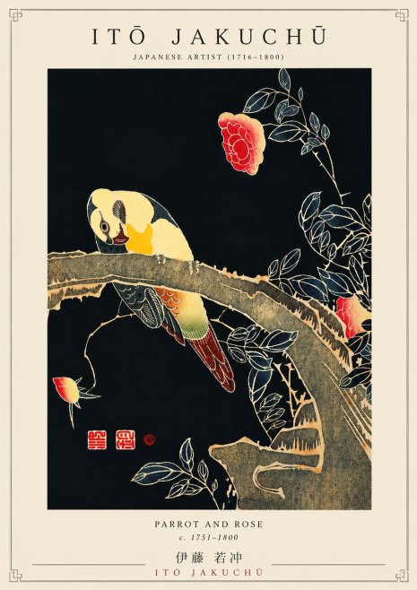 Itō Jakuchū Parrot and Rose No5 - Poster