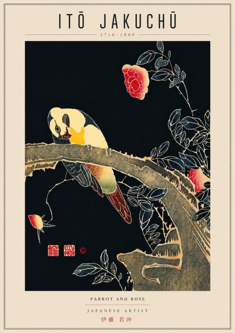 Itō Jakuchū Parrot and Rose No6 - Poster