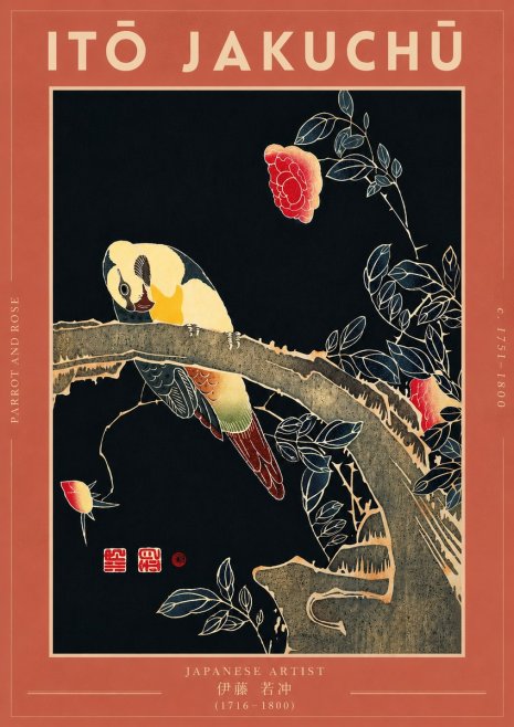 Itō Jakuchū Parrot and Rose No7 - Poster
