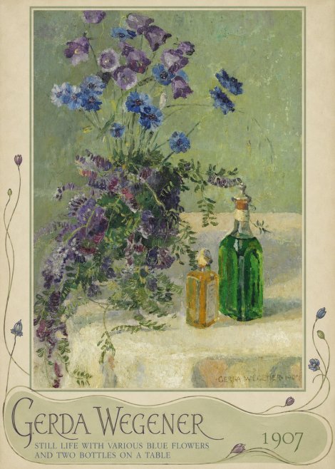 Gerda Wegener Still Life with Various Blue Flowers and Two Bottles on a Table No5 - Poster