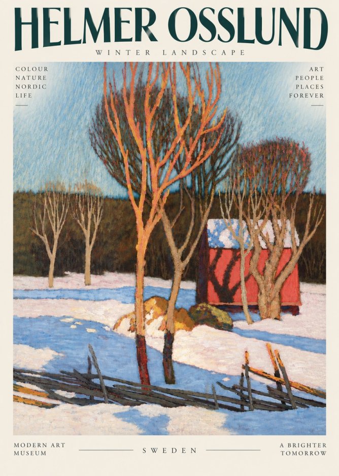 Helmer Osslund Winter Landscape with Red Barn No6 - Poster