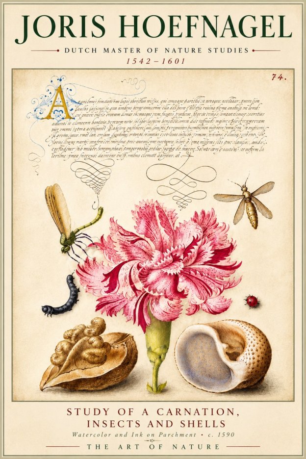 Joris Hoefnagel Study of a Carnation, Insects and Shells No6 - Poster