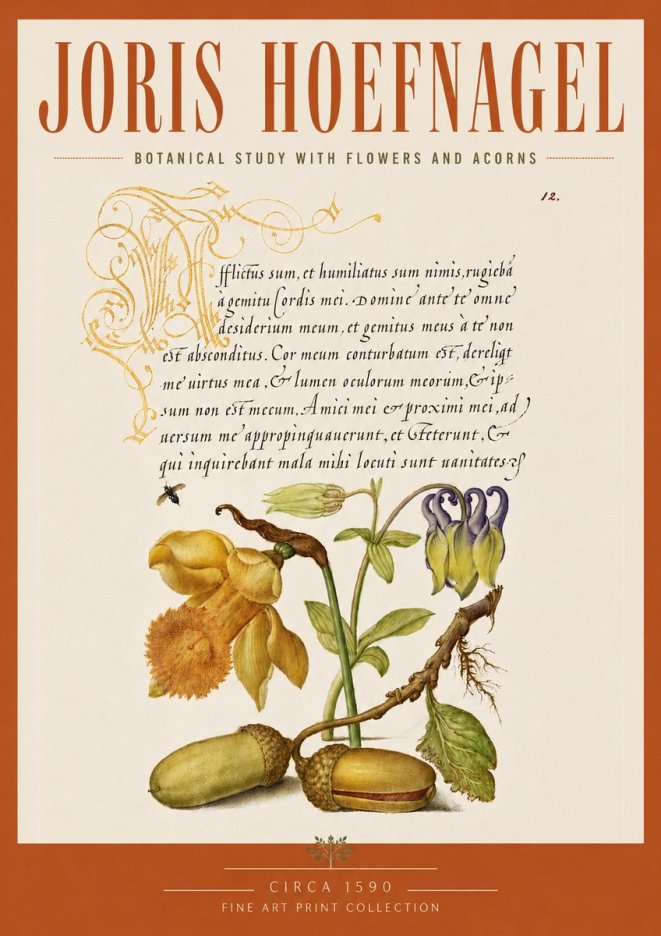 Joris Hoefnagel Illuminated Manuscript with Flowers and Acorns No5 - Poster