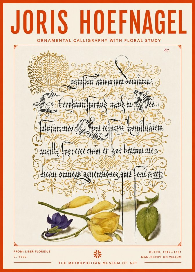 Joris Hoefnagel Ornamental Calligraphy with Floral Study No4 - Poster