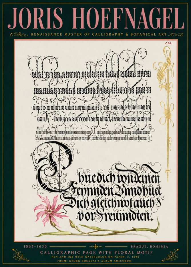 Joris Hoefnagel Calligraphy with Floral Ornament No6 - Poster