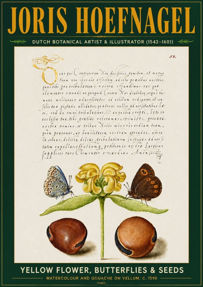 Joris Hoefnagel Yellow Flower, Butterflies & Seeds No5 - Poster