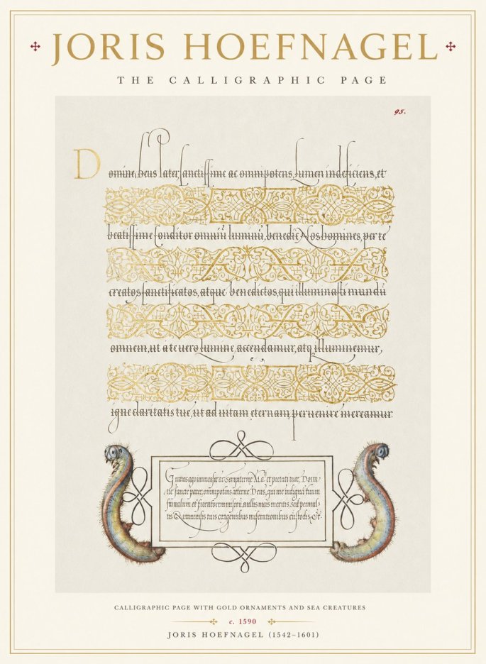 Joris Hoefnagel Calligraphic Page with Gold Ornaments and Sea Creatures No1 - Poster