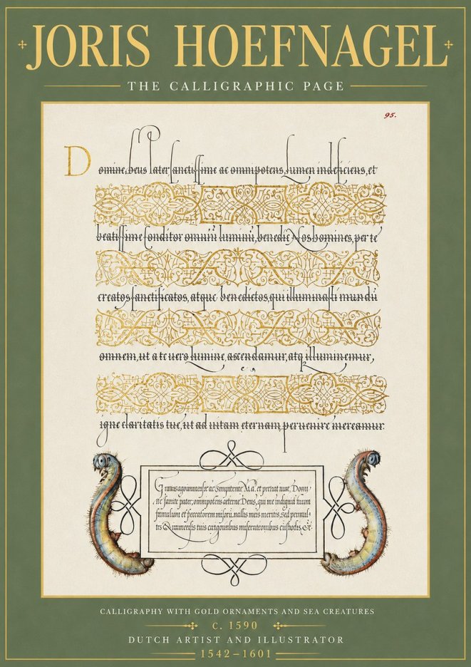Joris Hoefnagel Calligraphic Page with Gold Ornaments and Sea Creatures No5 - Poster